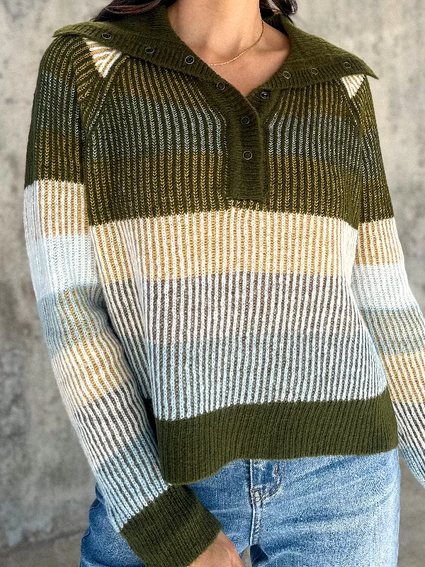 Woven Striped Snap Button Sweater