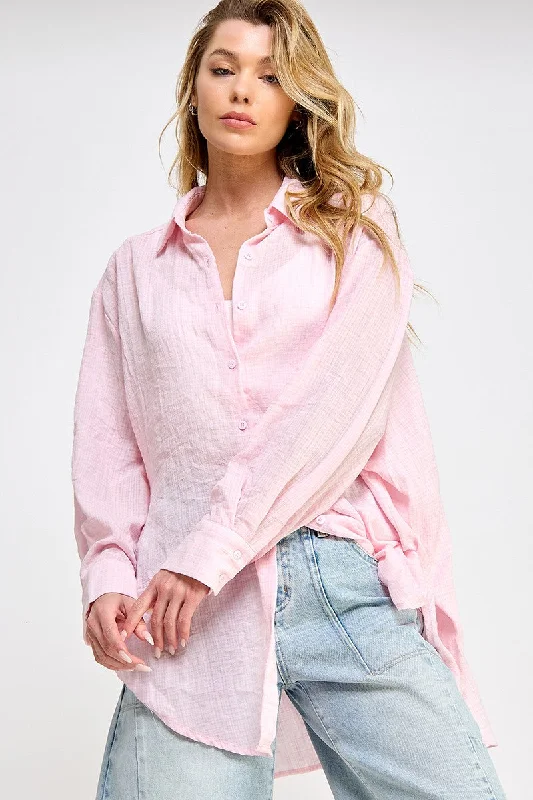 Light Pink Lightweight Sheer Button Down Blouse