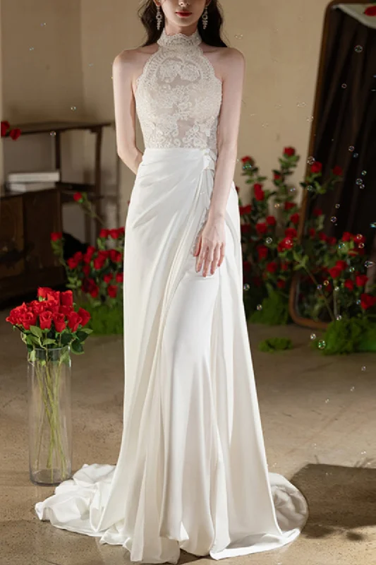 Sheath-Column Chapel Train  Lace Satin Wedding Dress 737835089170