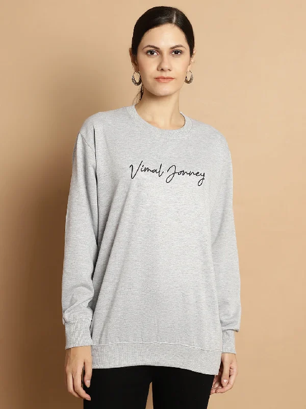 Mack Jonney Grey Melange Printed Round Neck Cotton Fleece Sweatshirt for Women