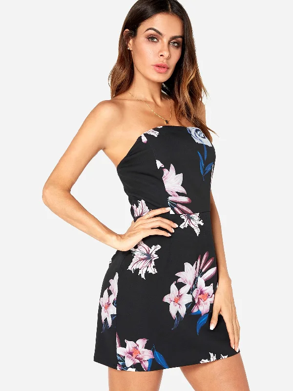 Wholesale Black Strapless Sleeveless Floral Print Zip Back Backless Mini Dresses