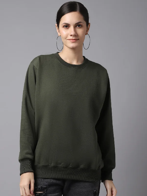 Mack Jonney Fleece Round Neck Olive Sweatshirt For Women