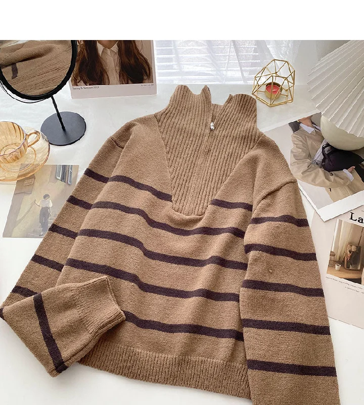 New Korean Lapel Half Zip stripe contrast stitching long sleeve top  6118