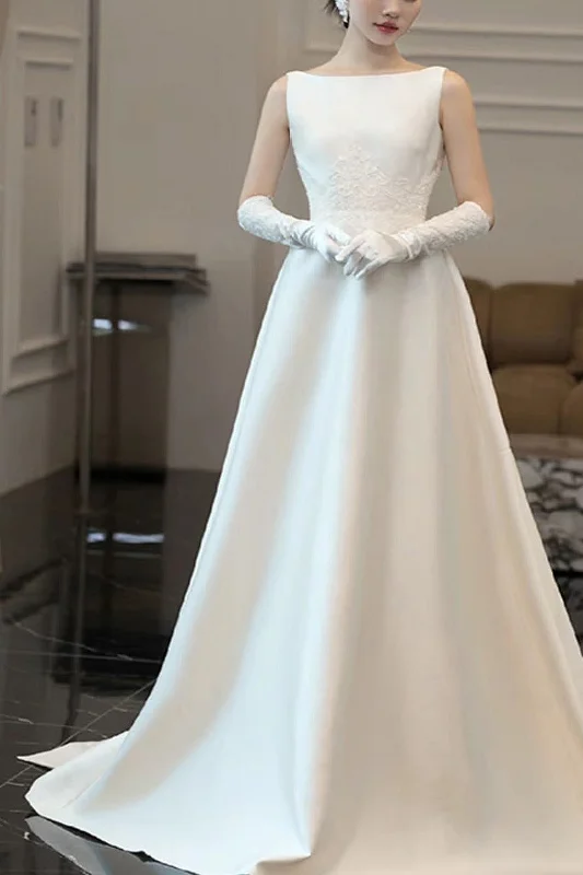 A-Line Chapel Train Satin Wedding Dress 732407195176