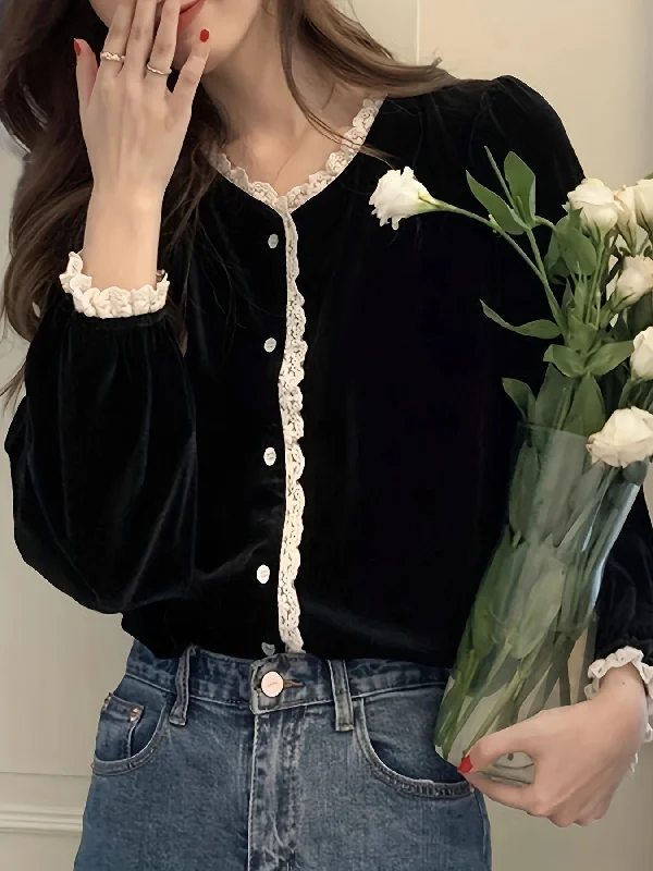 Sixsr Lace Stitching V-neck Velvet Blouse, Vintage Long Sleeve Button Front Blouse For Spring & Fall, Women's Clothing