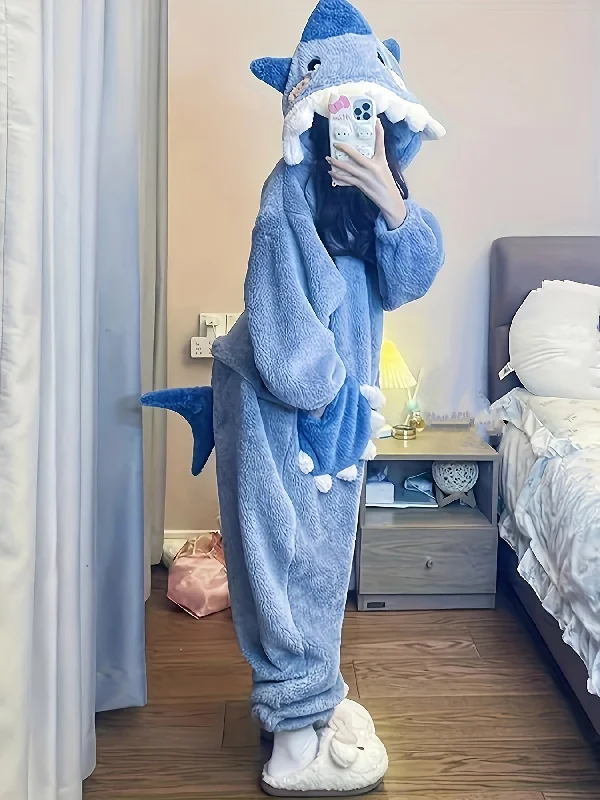 Sixsr Cartoon Shark Hooded Jumpsuit, Long Sleeve Zipper Fuzzy Pajamas, Women's Sleepwear & Loungewear