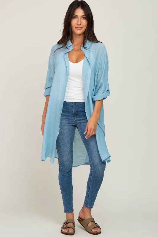 Light Blue Button Front Side Slit Oversized Blouse