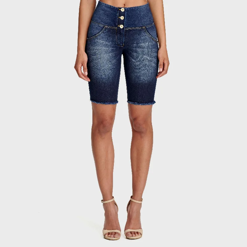 WR.UP® Denim - High Waisted - 3 Button Biker Shorts - Dark Blue + Yellow Stitching