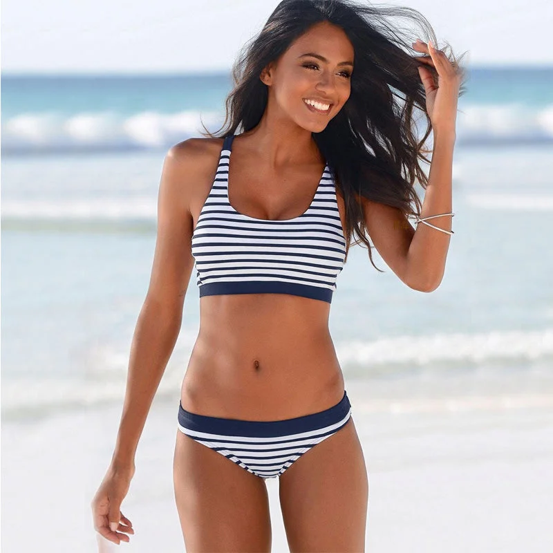 2020 Push Up Sexy Bikini Set Swimsuit Female Swimwear Women Striped Bathing Suit Cross Strap Tank Crop Top Bikinis Padded Beach