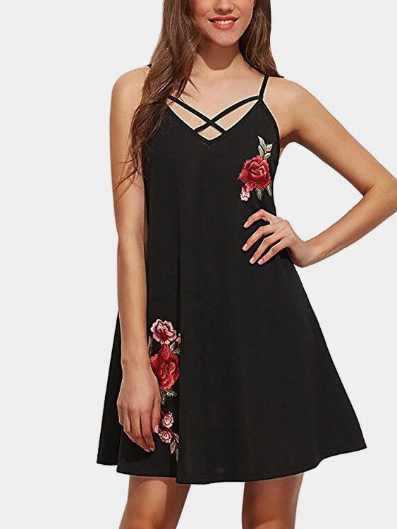 Wholesale Black V-Neck Sleeveless Embroidered Mini Dresses