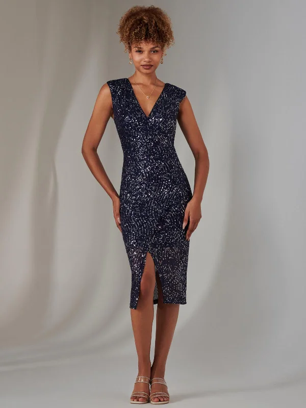 Deja Sequin Midi Dress With Slit, Navy Silver