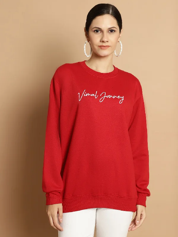 Mack Jonney Maroon Printed Round Neck Cotton Fleece Sweatshirt for Women