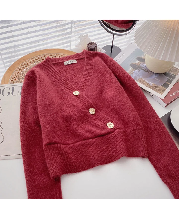 Long sleeved knitted sweater retro three button V-neck slim top fashion  6152