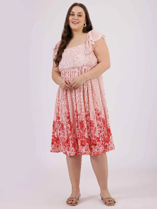 Baby Pink Floral Print Fit and Flare Dress with Puff Sleeves