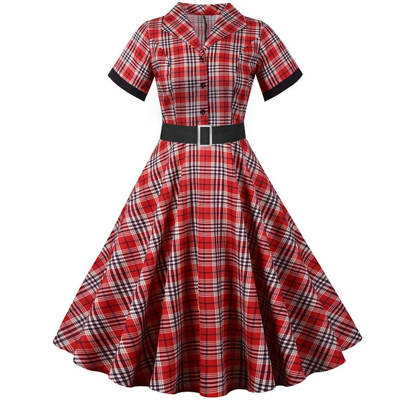 BerriesJam - Notched Collar Plaid Print CozySlim Party Dress