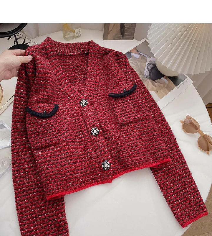 Small fragrance retro red sweater cardigan female  6126