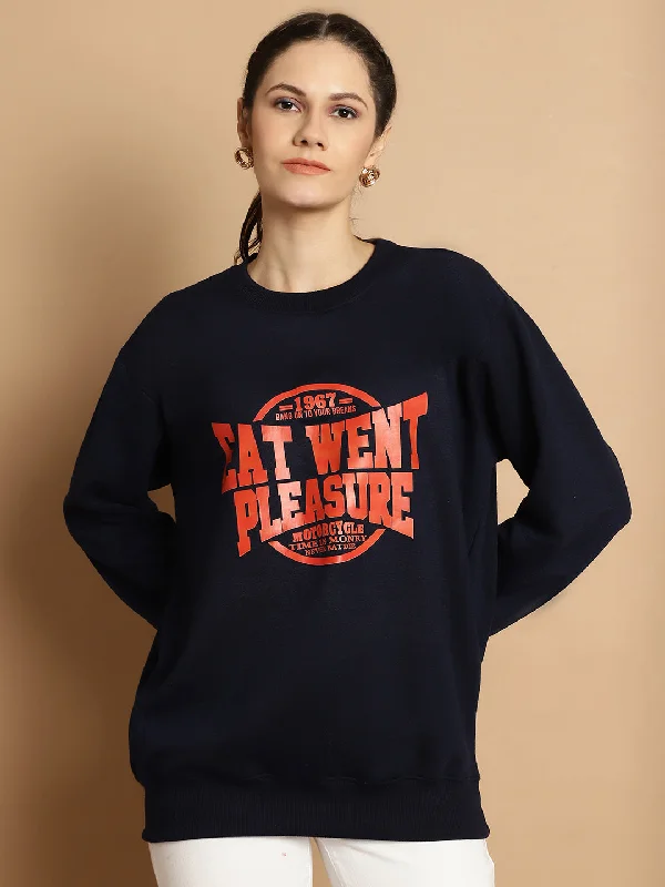 Mack Jonney Navy Blue Printed Round Neck Cotton Fleece Sweatshirt for Women